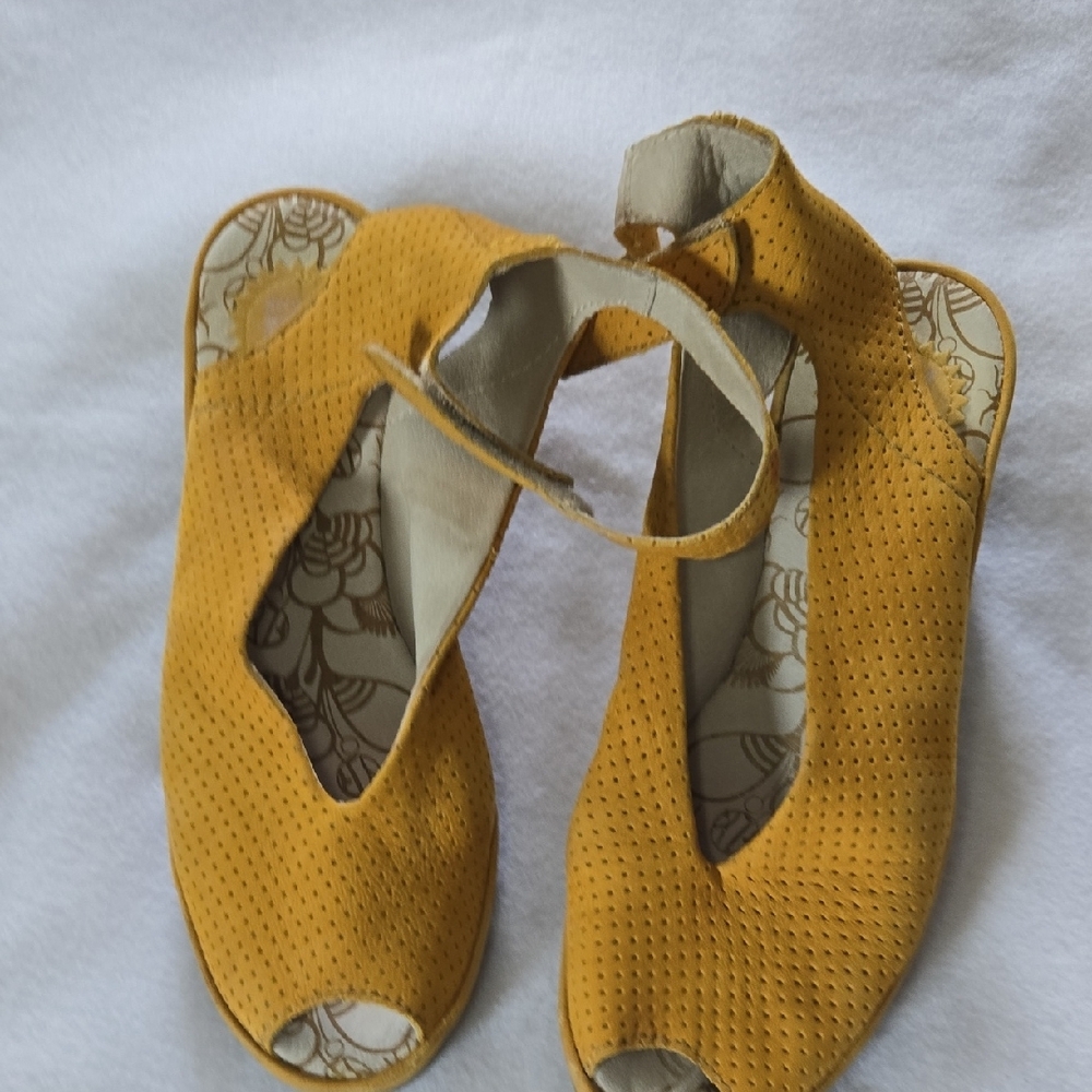 Fly London Mustard Yellow Peep Toe Wedges